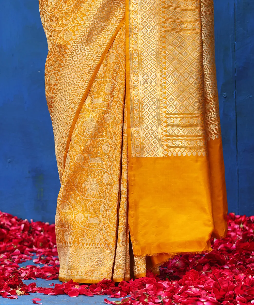 Handloom Mustard Pure Katan Silk Shikargah Banarasi Saree