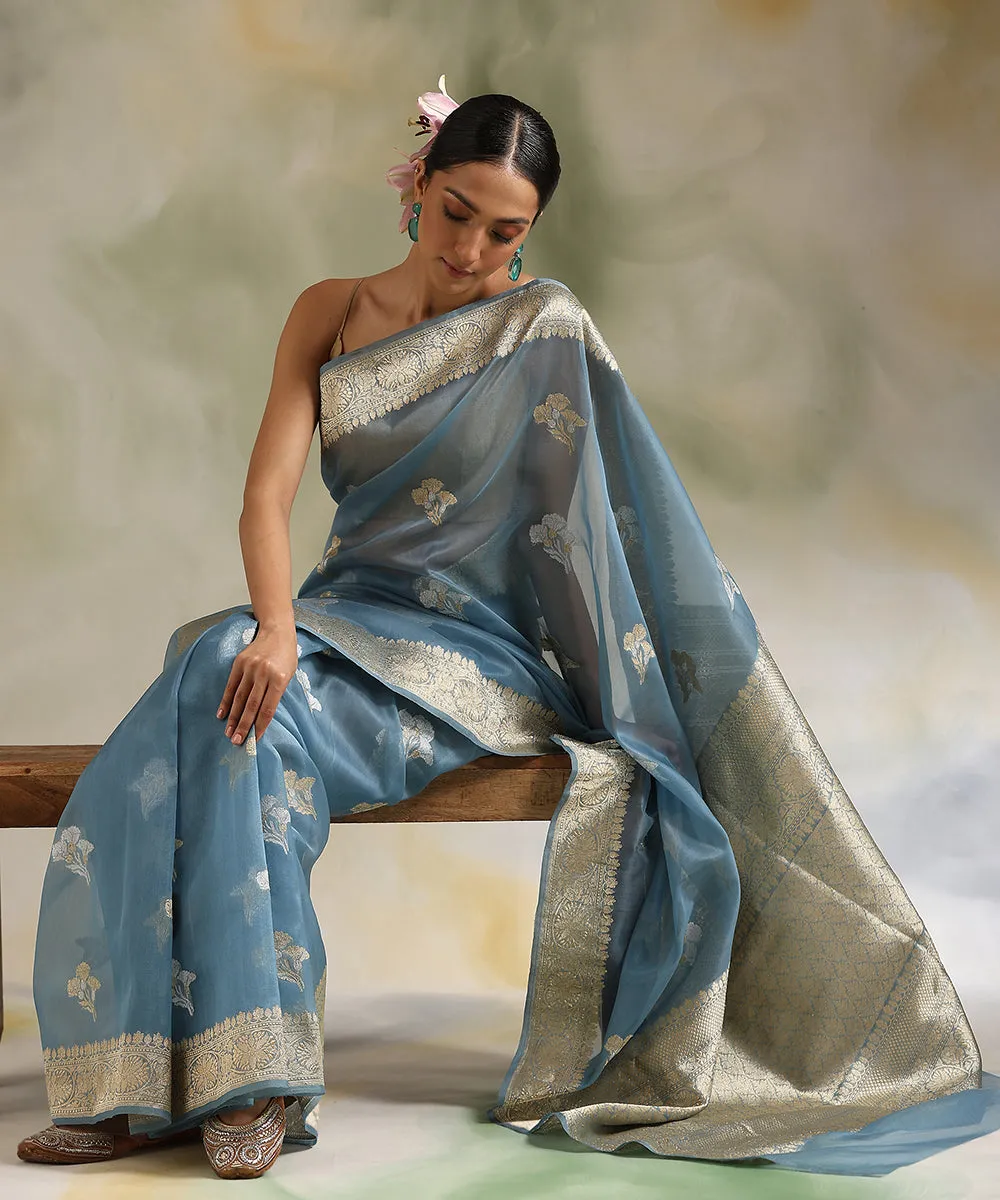 Handloom Pastel Blue Pure Kora Silk Banarasi Saree With Hibiscus Flower Booti