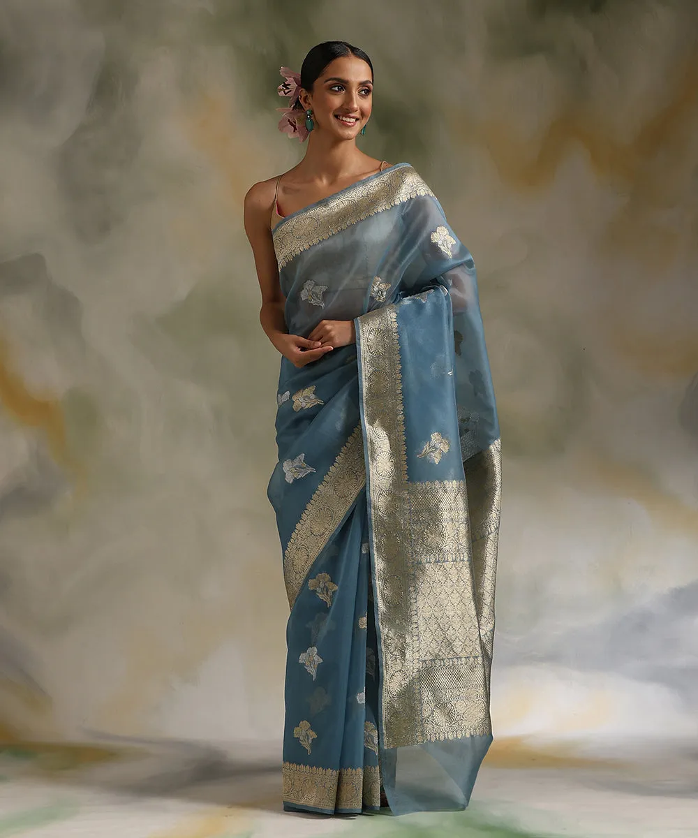 Handloom Pastel Blue Pure Kora Silk Banarasi Saree With Hibiscus Flower Booti