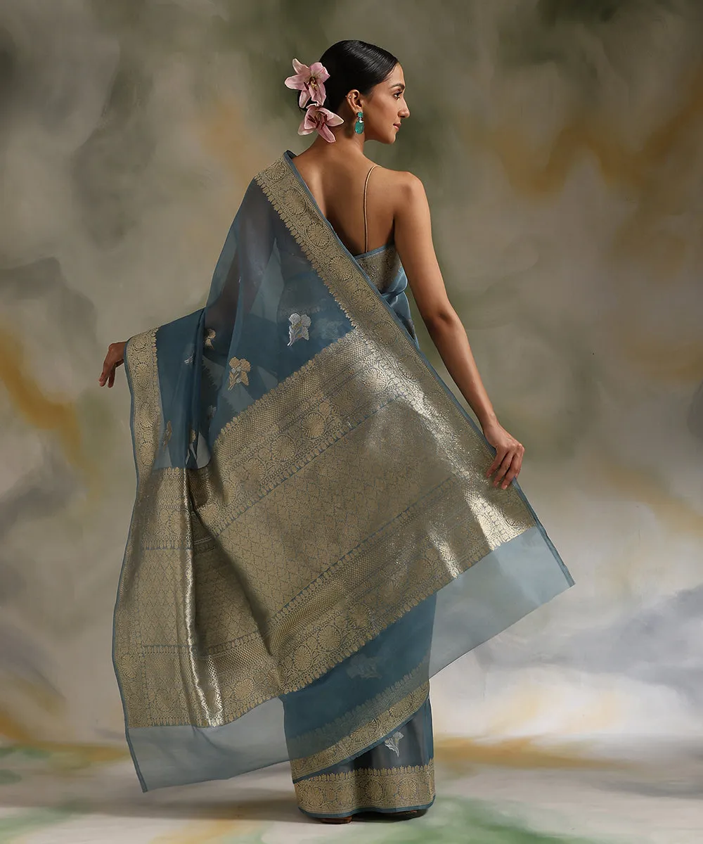 Handloom Pastel Blue Pure Kora Silk Banarasi Saree With Hibiscus Flower Booti