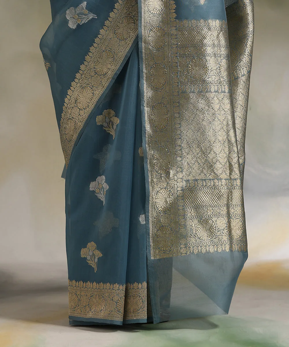 Handloom Pastel Blue Pure Kora Silk Banarasi Saree With Hibiscus Flower Booti