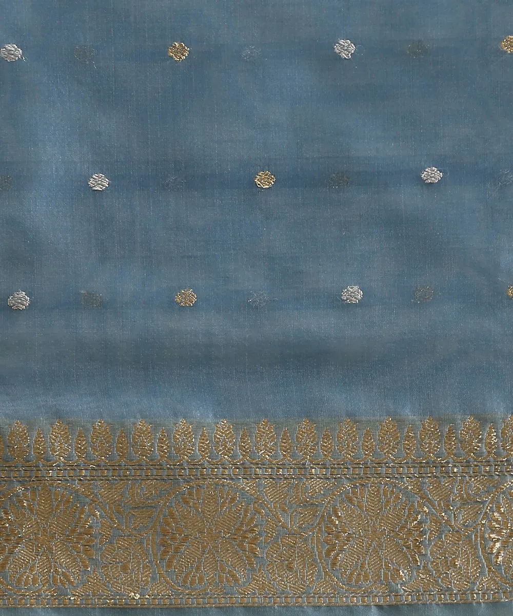 Handloom Pastel Blue Pure Kora Silk Banarasi Saree With Hibiscus Flower Booti