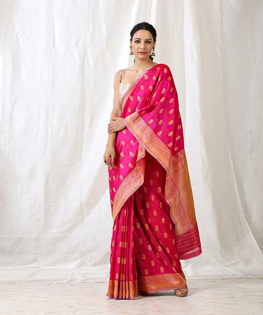 Handloom Rani Pink Pure Katan Silk Banarasi Saree With Floral Cutwork Booti