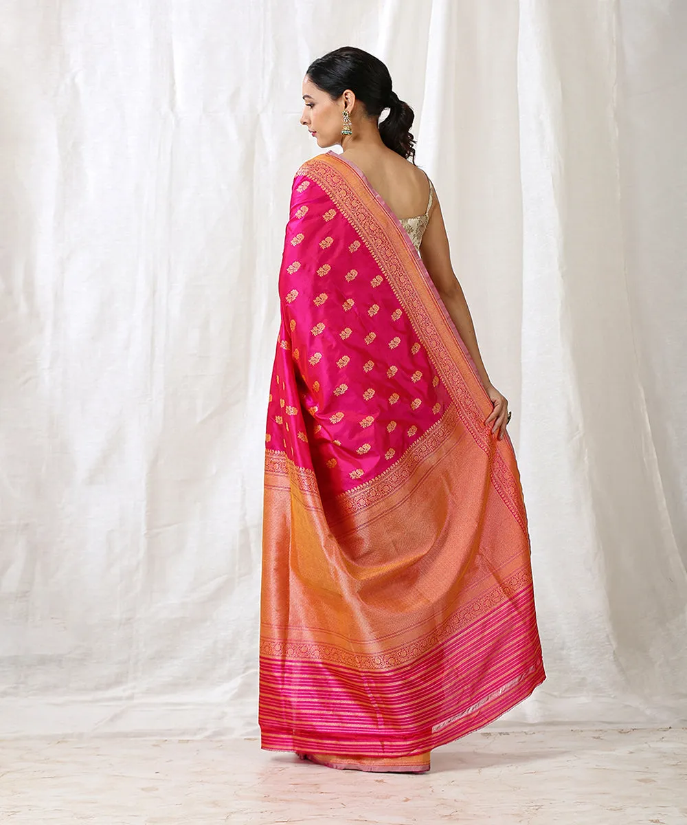 Handloom Rani Pink Pure Katan Silk Banarasi Saree With Floral Cutwork Booti