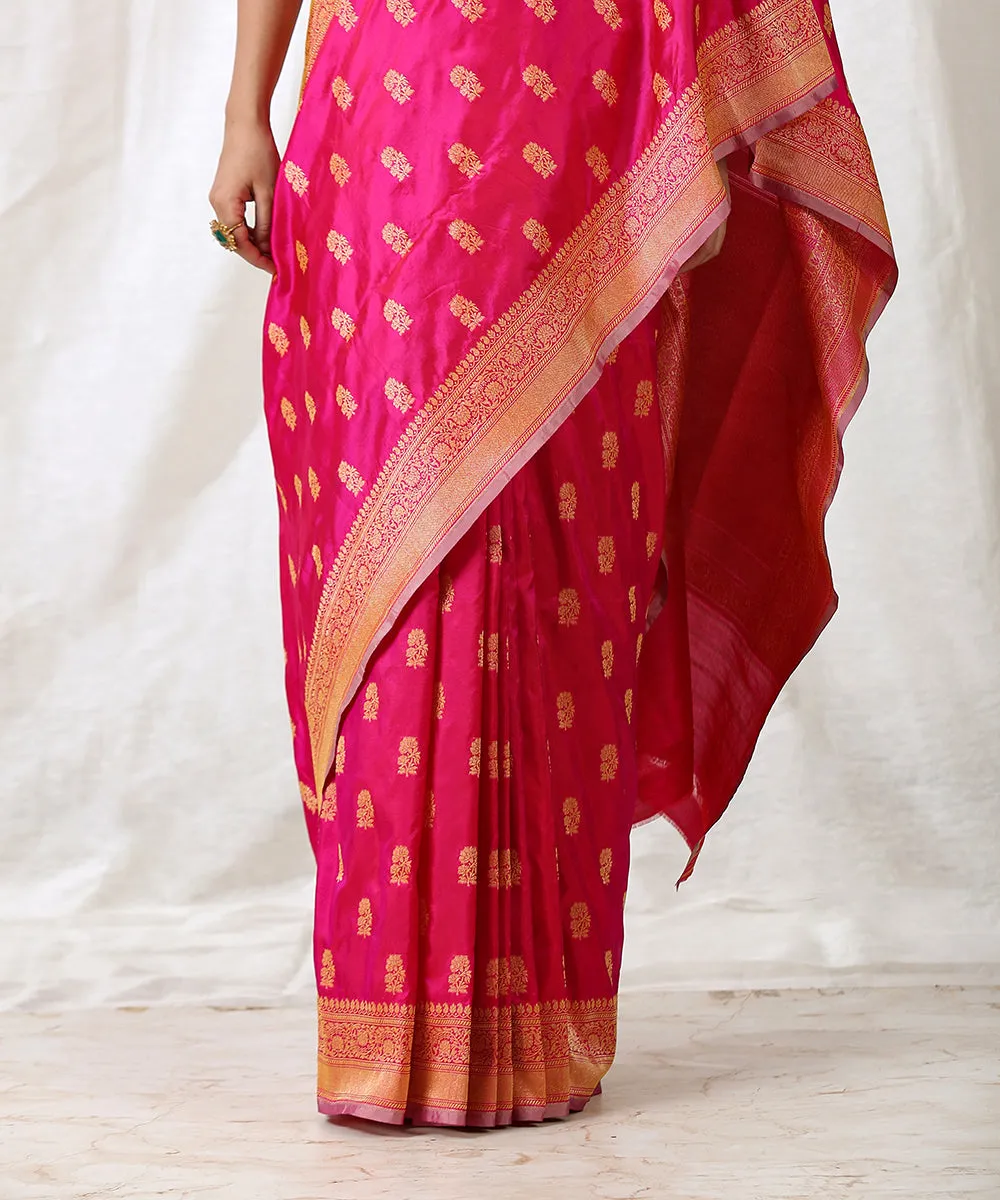 Handloom Rani Pink Pure Katan Silk Banarasi Saree With Floral Cutwork Booti