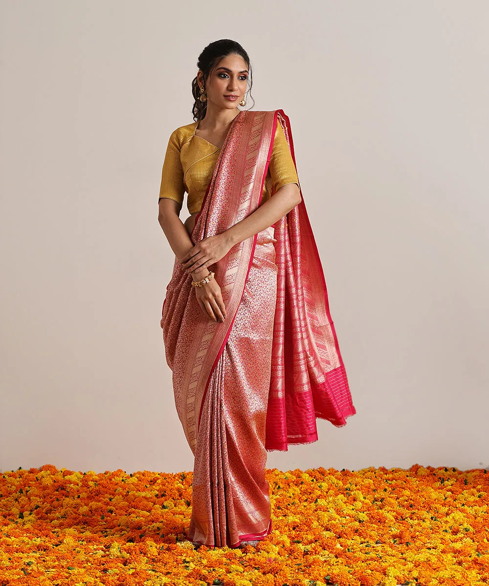 Handloom Rani Pink Pure Katan Silk Kimkhab Banarasi Saree With Yellow Meenakari