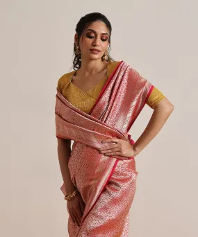 Handloom Rani Pink Pure Katan Silk Kimkhab Banarasi Saree With Yellow Meenakari