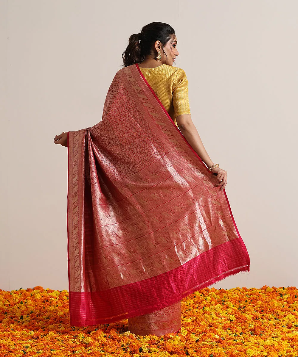 Handloom Rani Pink Pure Katan Silk Kimkhab Banarasi Saree With Yellow Meenakari