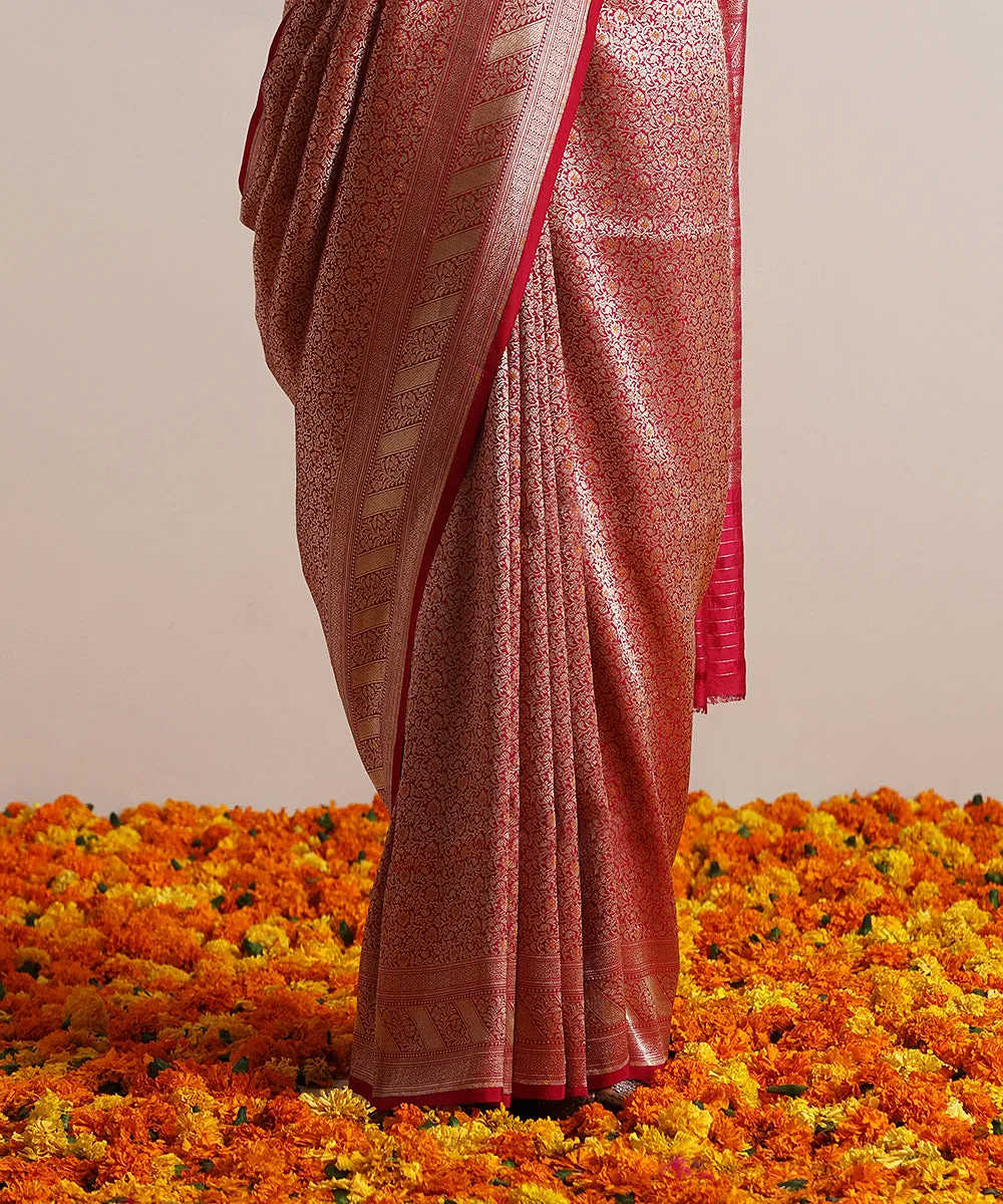 Handloom Rani Pink Pure Katan Silk Kimkhab Banarasi Saree With Yellow Meenakari