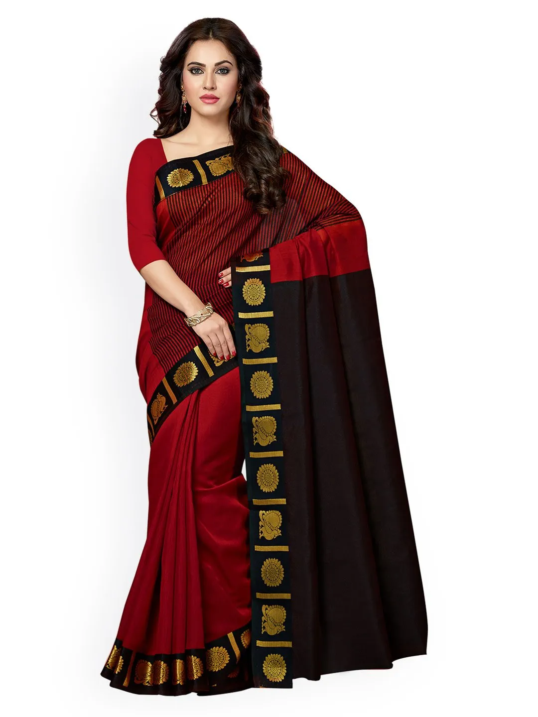 Ishin Chanderi Cotton Red Solid With Golden Zari Border Women's Saree/Sari