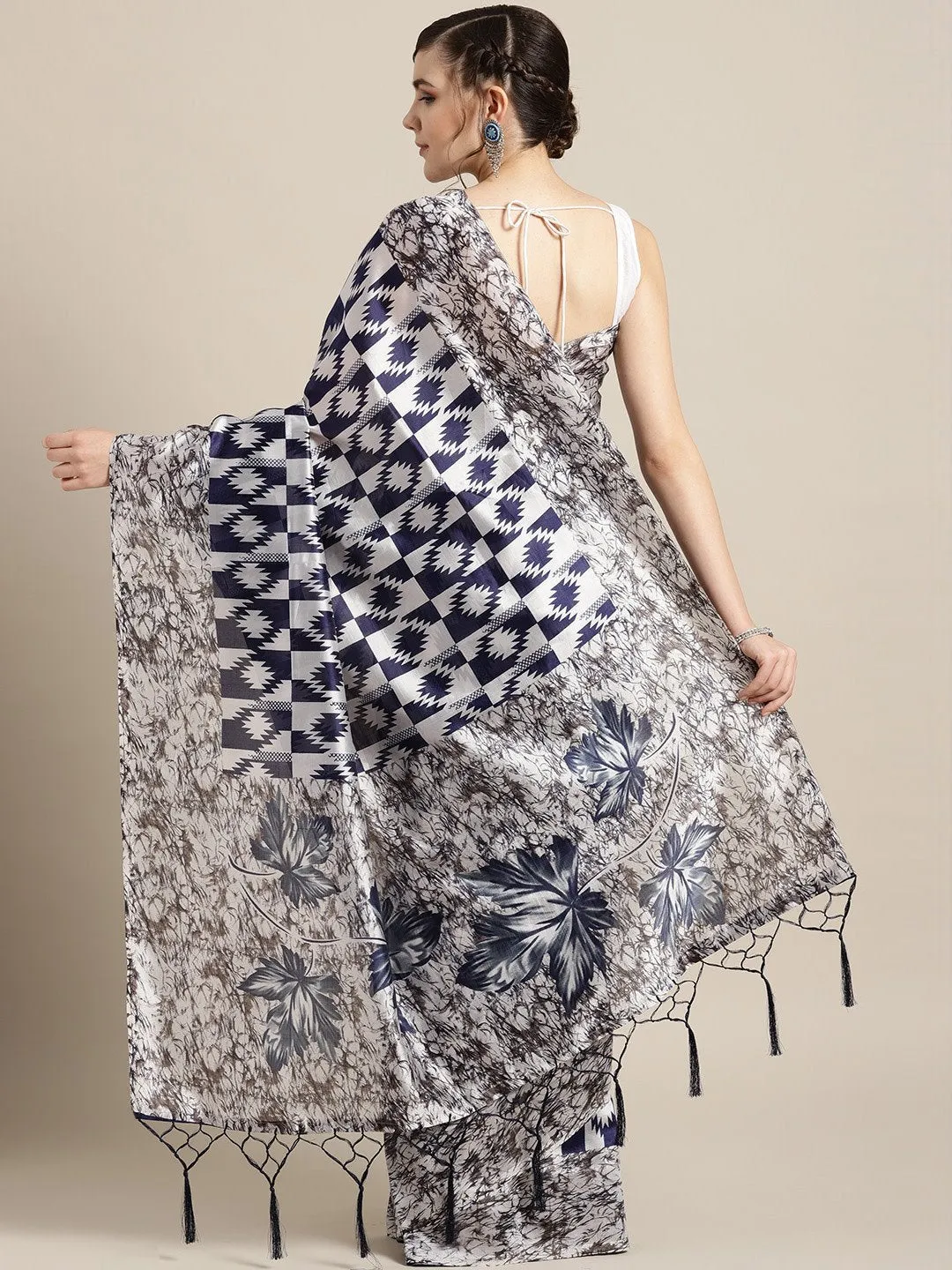 Ishin Grey & Navy Blue Printed Mysore Silk Saree