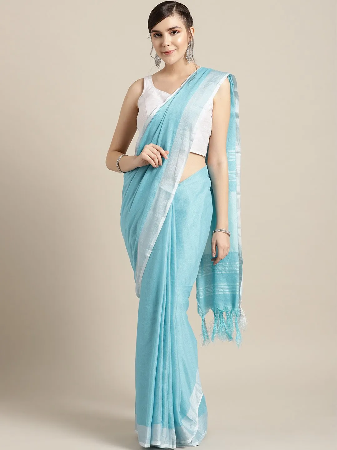 Ishin Poly Cotton Blue Woven Women's Saree With Tassels