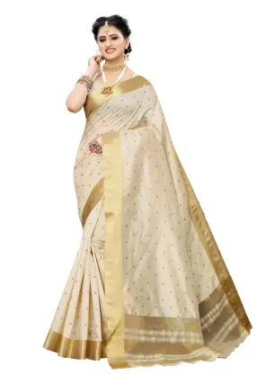 Ishin Poly Silk CreamPrinted Women's Saree With Golden Zari Border