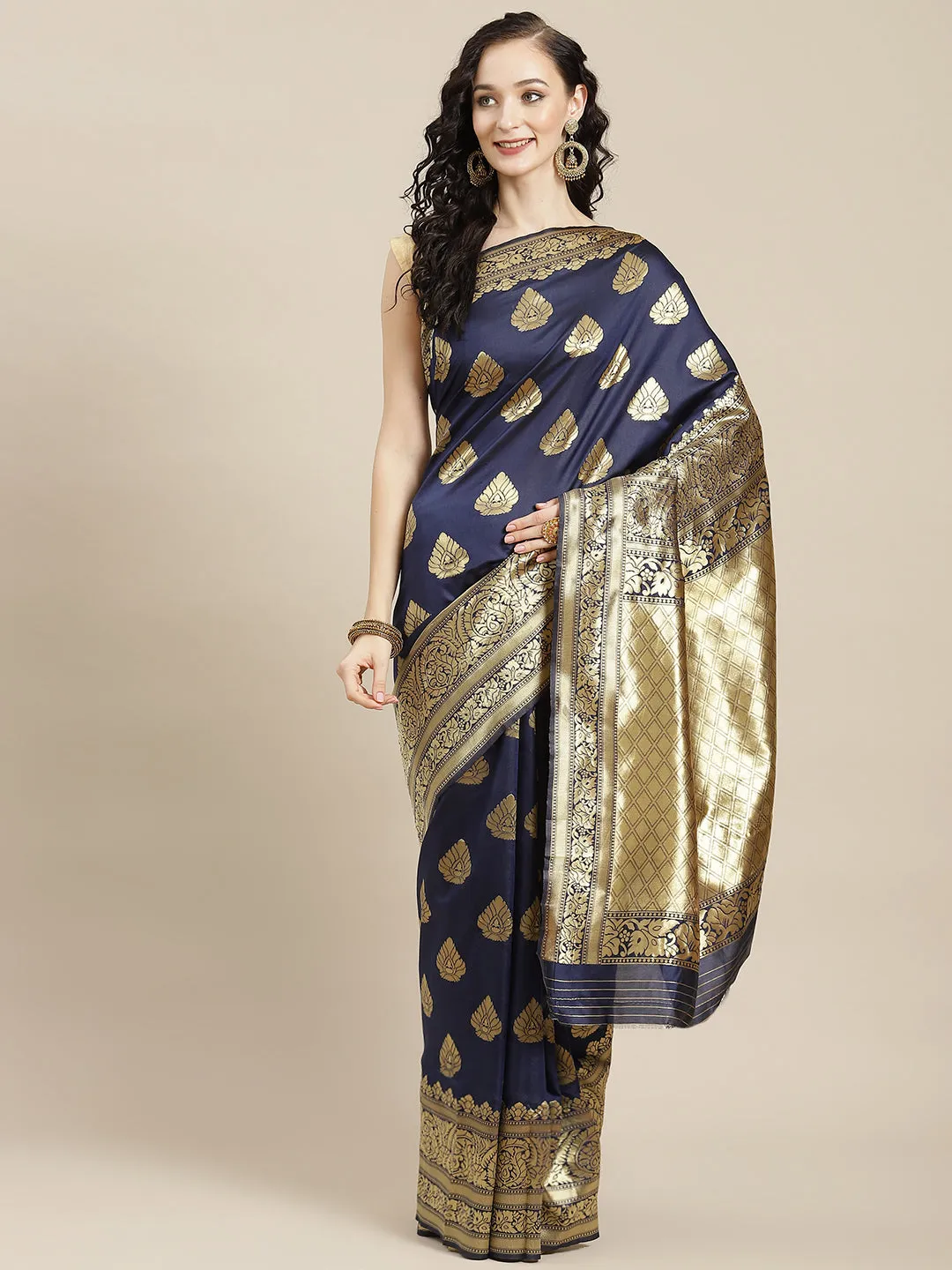 Ishin Women's Art Silk Navy Blue Woven Design Banarasi Saree With Blouse Piece