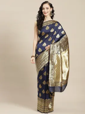 Ishin Women's Art Silk Navy Blue Woven Design Banarasi Saree With Blouse Piece