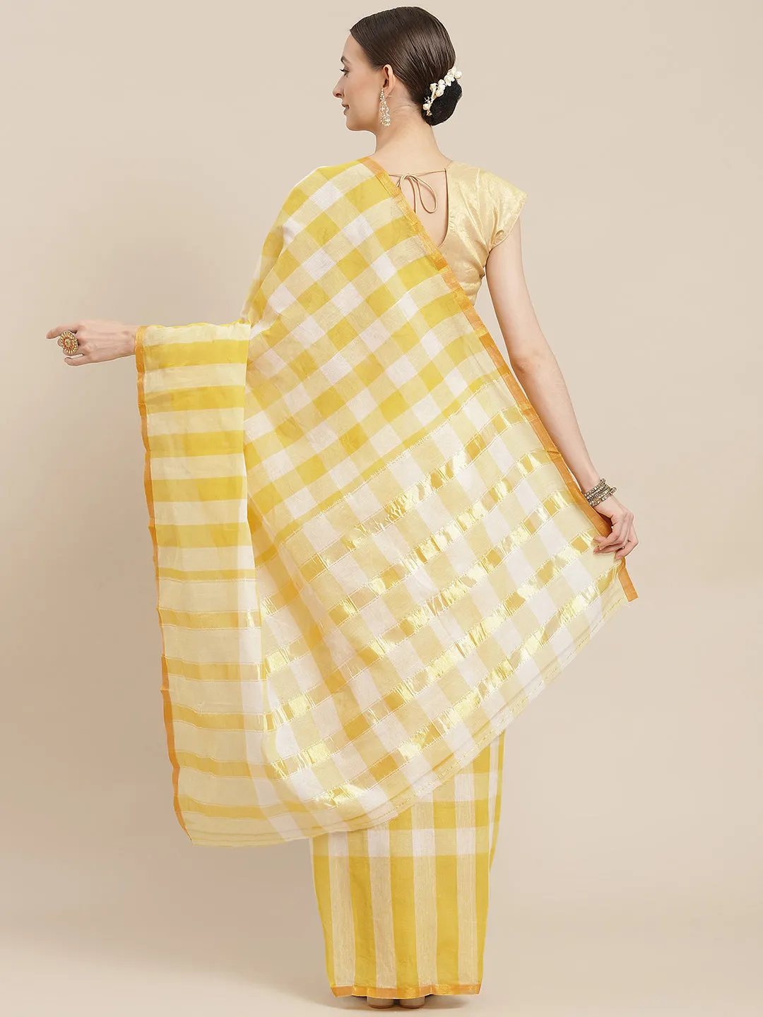 Ishin Women's Cotton Blend Yellow Checks Woven Vanamahalaxmi Saree With Blouse Piece