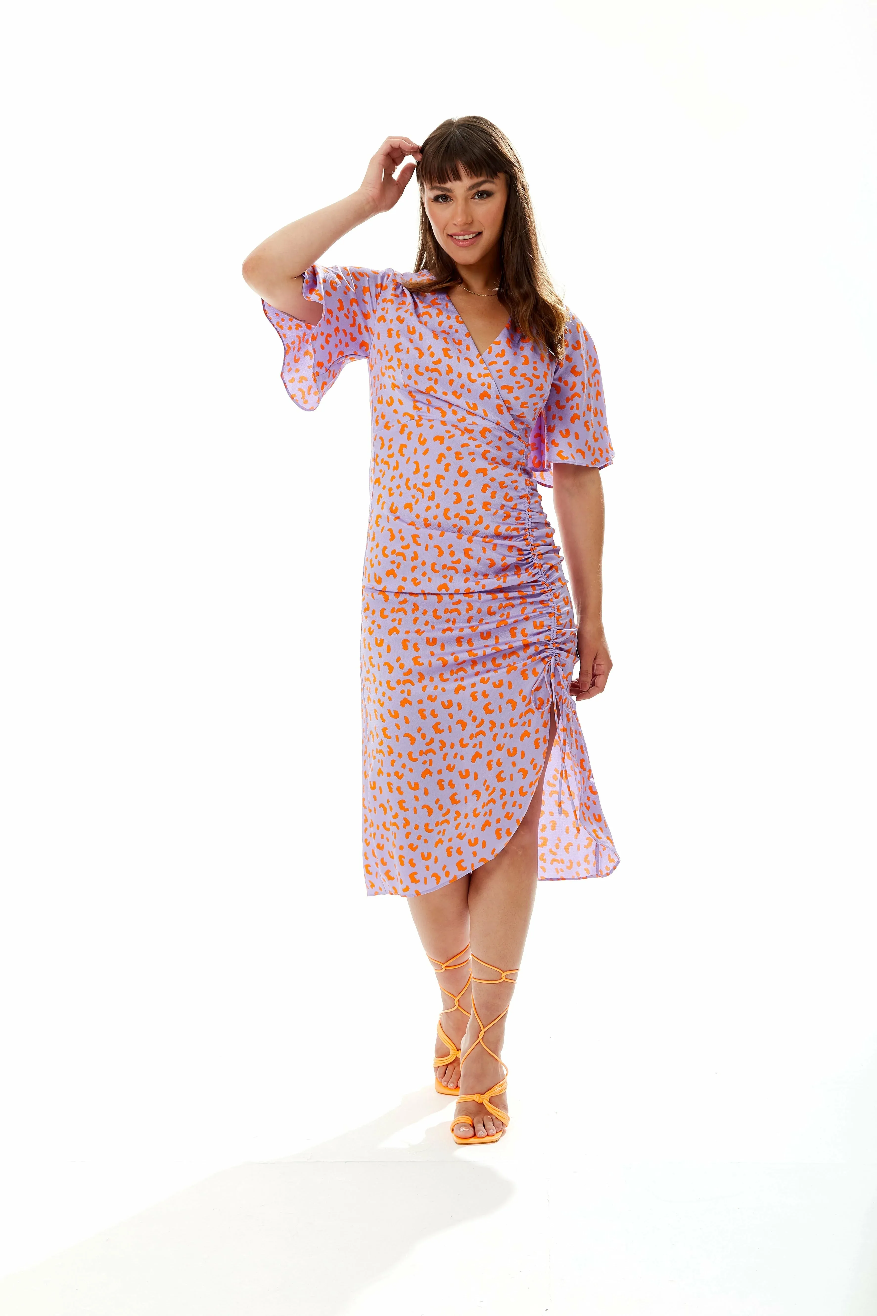 Liquorish Midi Wrap Dress With Cheetah Print Lilac Orange