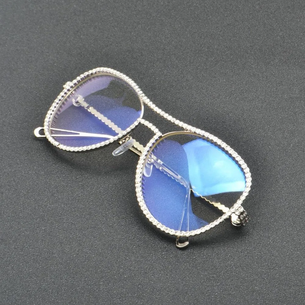 Luxury Fashion Diamond Metal Shades Clear Lens Female Sunglasses