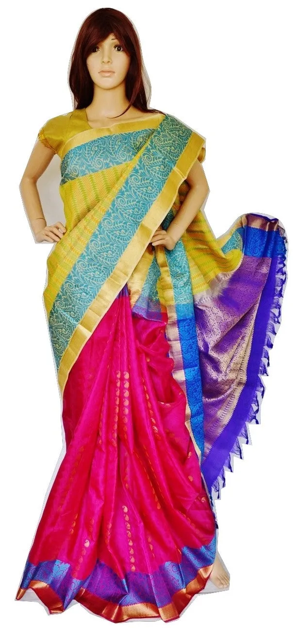 Magenta,Purple & Cream Kanchipuram Silk Saree