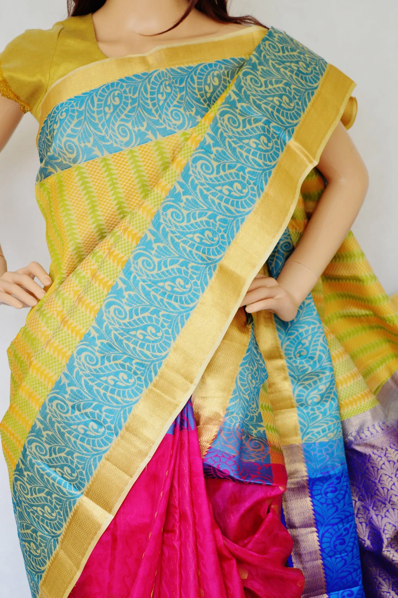 Magenta,Purple & Cream Kanchipuram Silk Saree