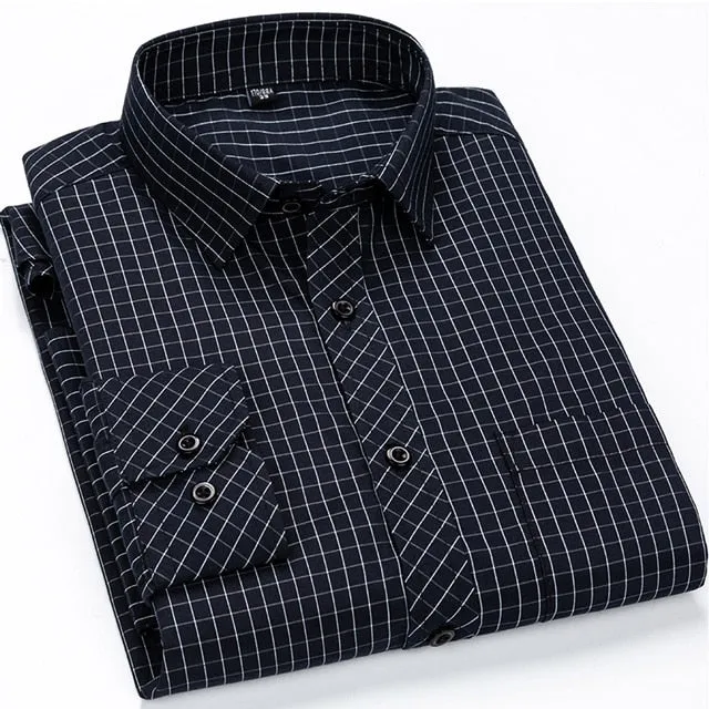 Men's Polyester Single Patch Pocket Plaid Striped Office Long Sleeve Shirt