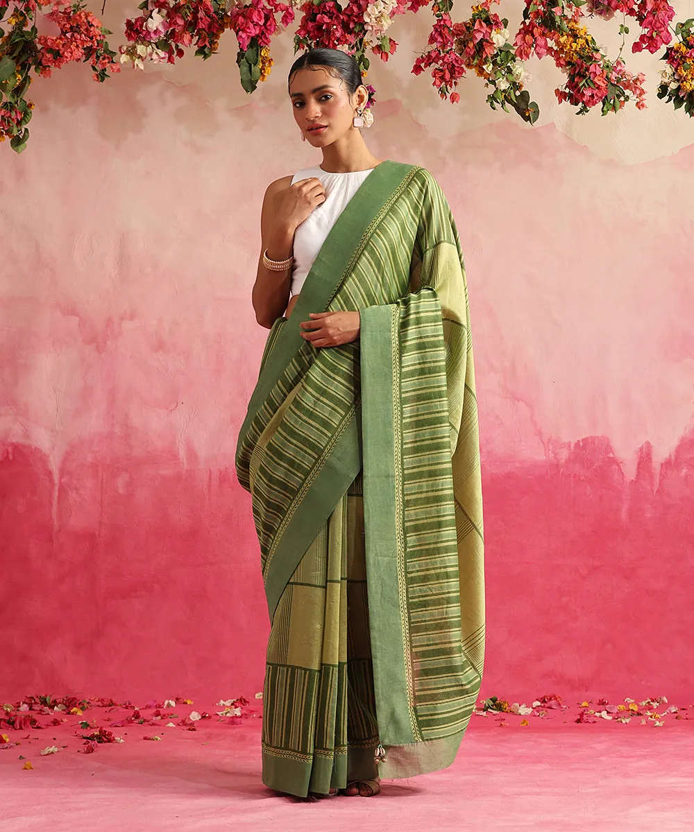 Naagfani - Handloom Chartreuse Green Chanderi Saree With Hand Block Printed Stripes And Geomatric Jaal