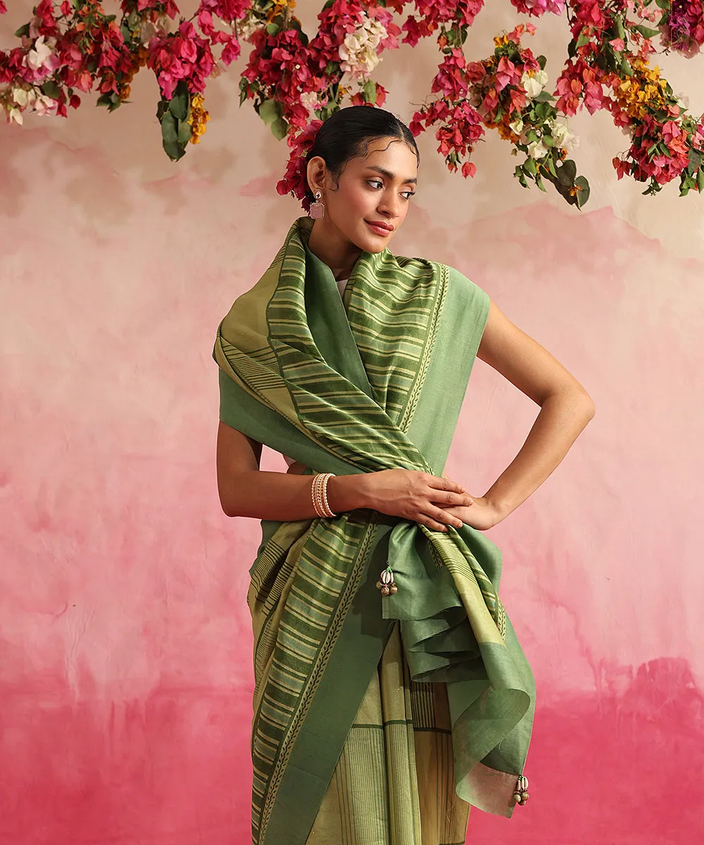 Naagfani - Handloom Chartreuse Green Chanderi Saree With Hand Block Printed Stripes And Geomatric Jaal