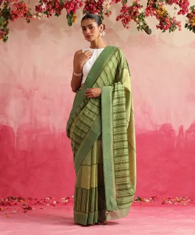 Naagfani - Handloom Chartreuse Green Chanderi Saree With Hand Block Printed Stripes And Geomatric Jaal