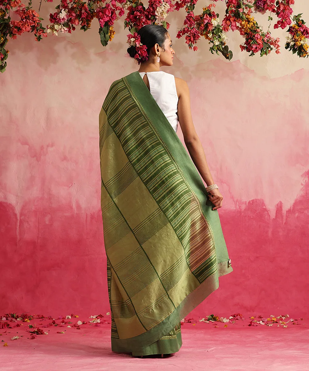 Naagfani - Handloom Chartreuse Green Chanderi Saree With Hand Block Printed Stripes And Geomatric Jaal