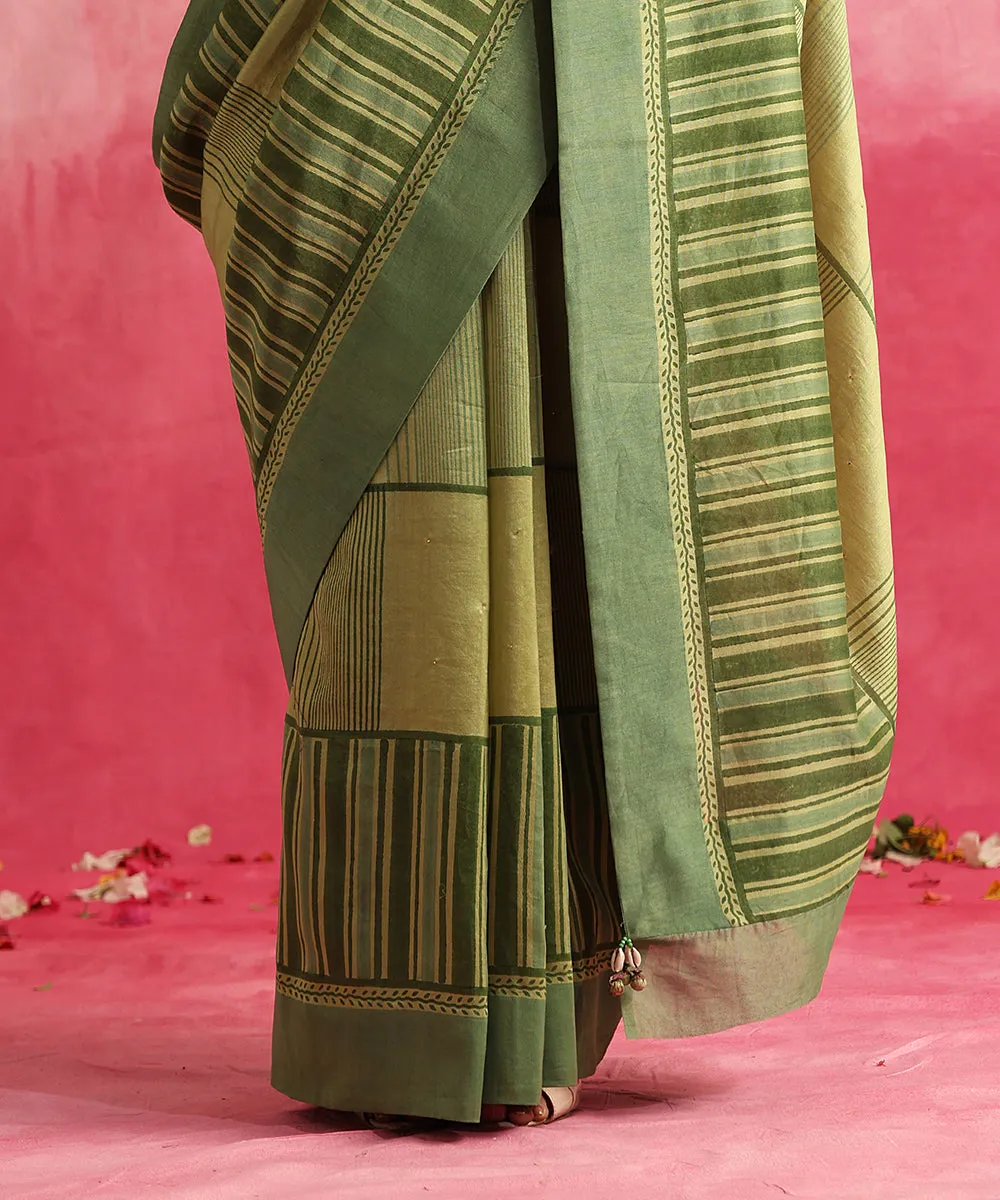 Naagfani - Handloom Chartreuse Green Chanderi Saree With Hand Block Printed Stripes And Geomatric Jaal