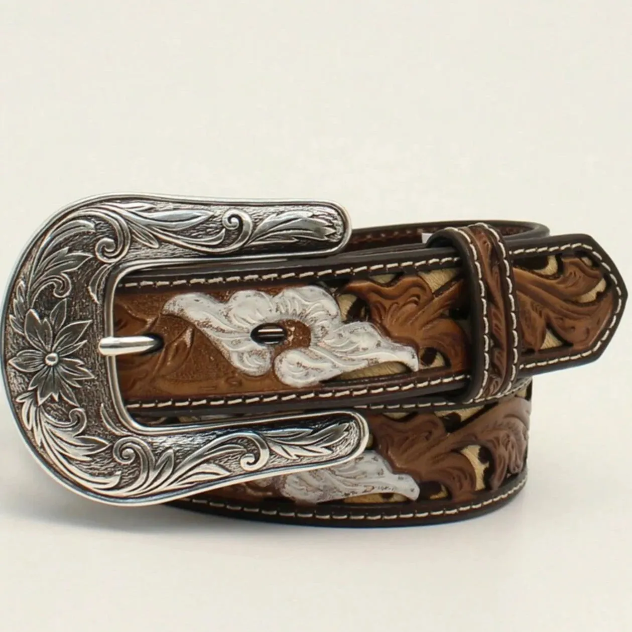 Nocona Girl's Brown Flower Pattern Leopard Inlay Belt