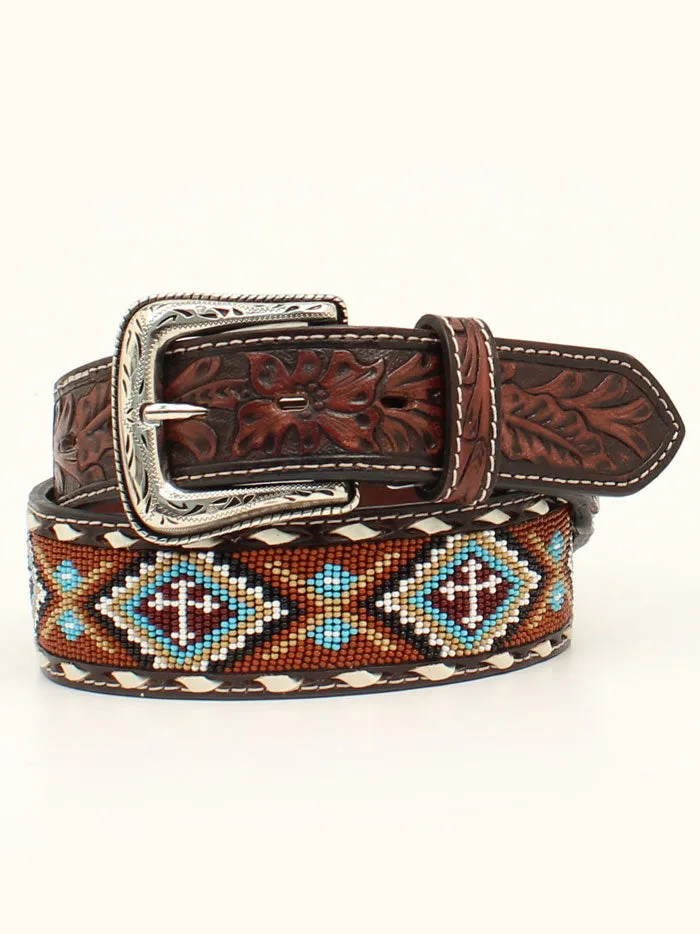 Nocona N210005532 Floral Tooled Beaded Buck Lacing Belt Brown