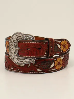 Nocona N320003504 Ladies Flower Embossed Overlay Belt Red