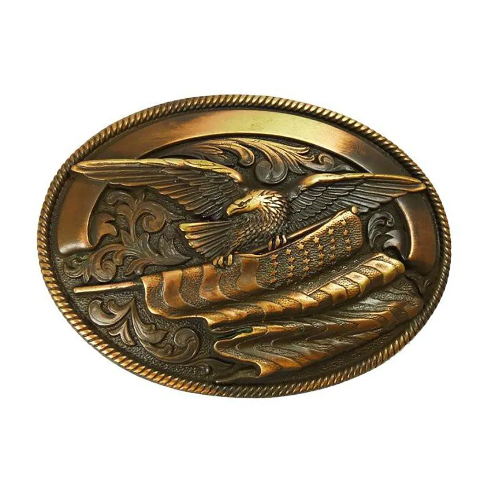 Nocona Oval Rope Edge Eagle Flag Antique Buckle