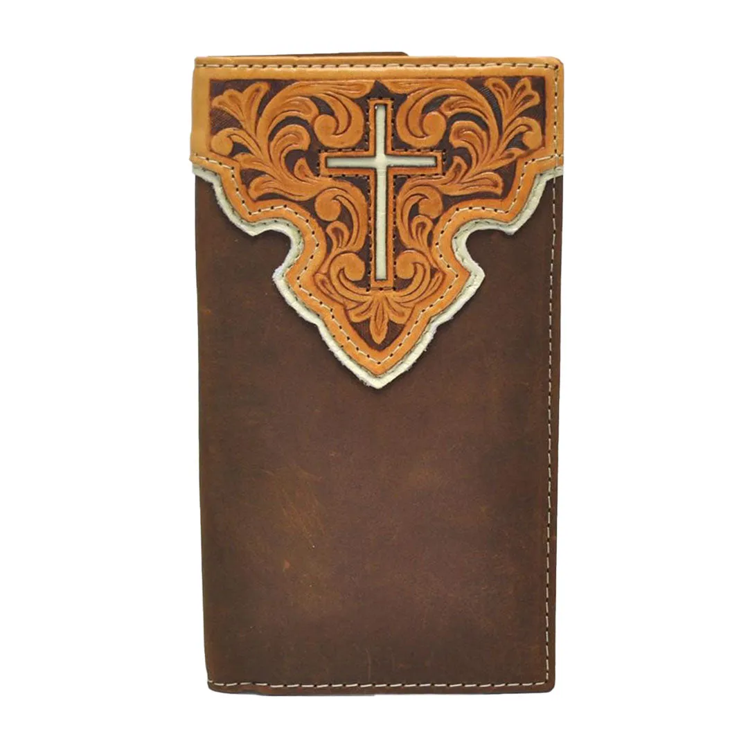 Nocona Tooled Leather Overlay w/ Cross Inlay Brown Rodeo Wallet