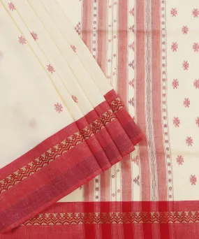 Off White Handloom Cotton Jamdani Saree With Red Border