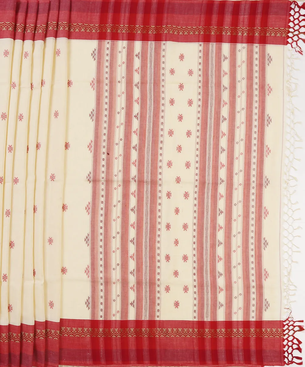 Off White Handloom Cotton Jamdani Saree With Red Border