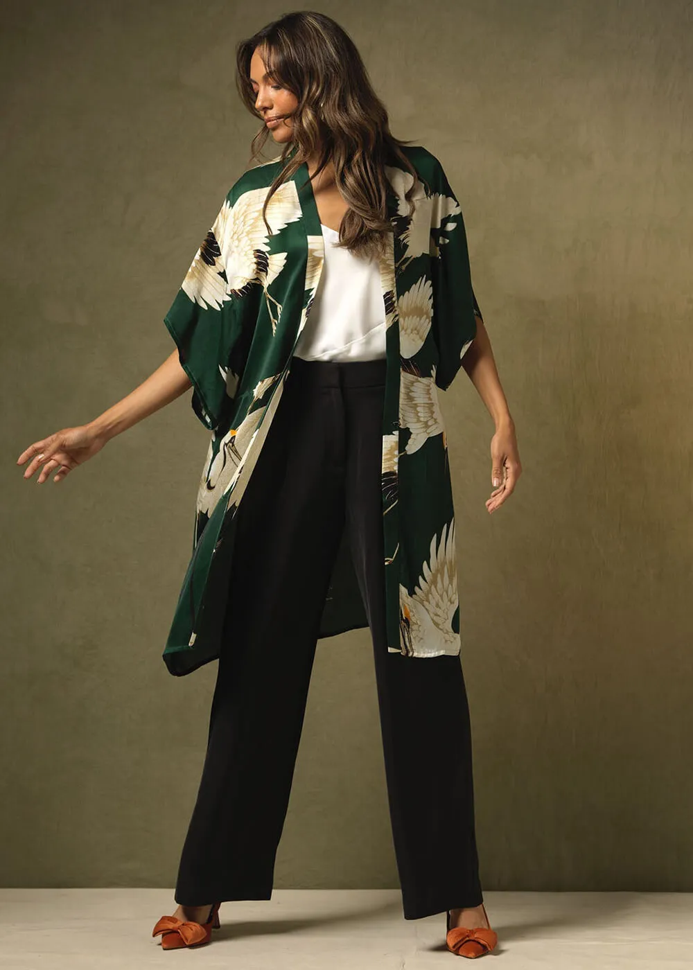 One Hundred Stars Stork Midi Kimono Forest Green