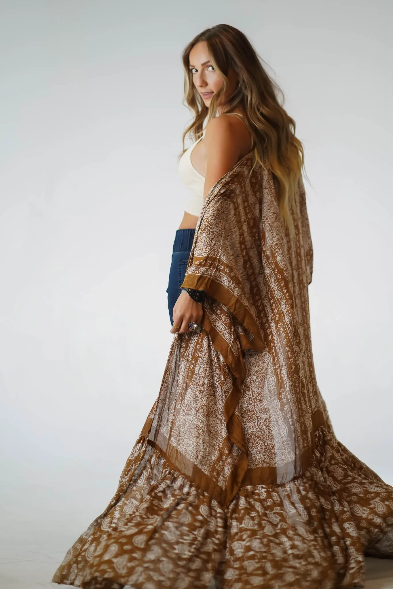 Paisley Tapestry Free Flow Duster Kimono - Brown