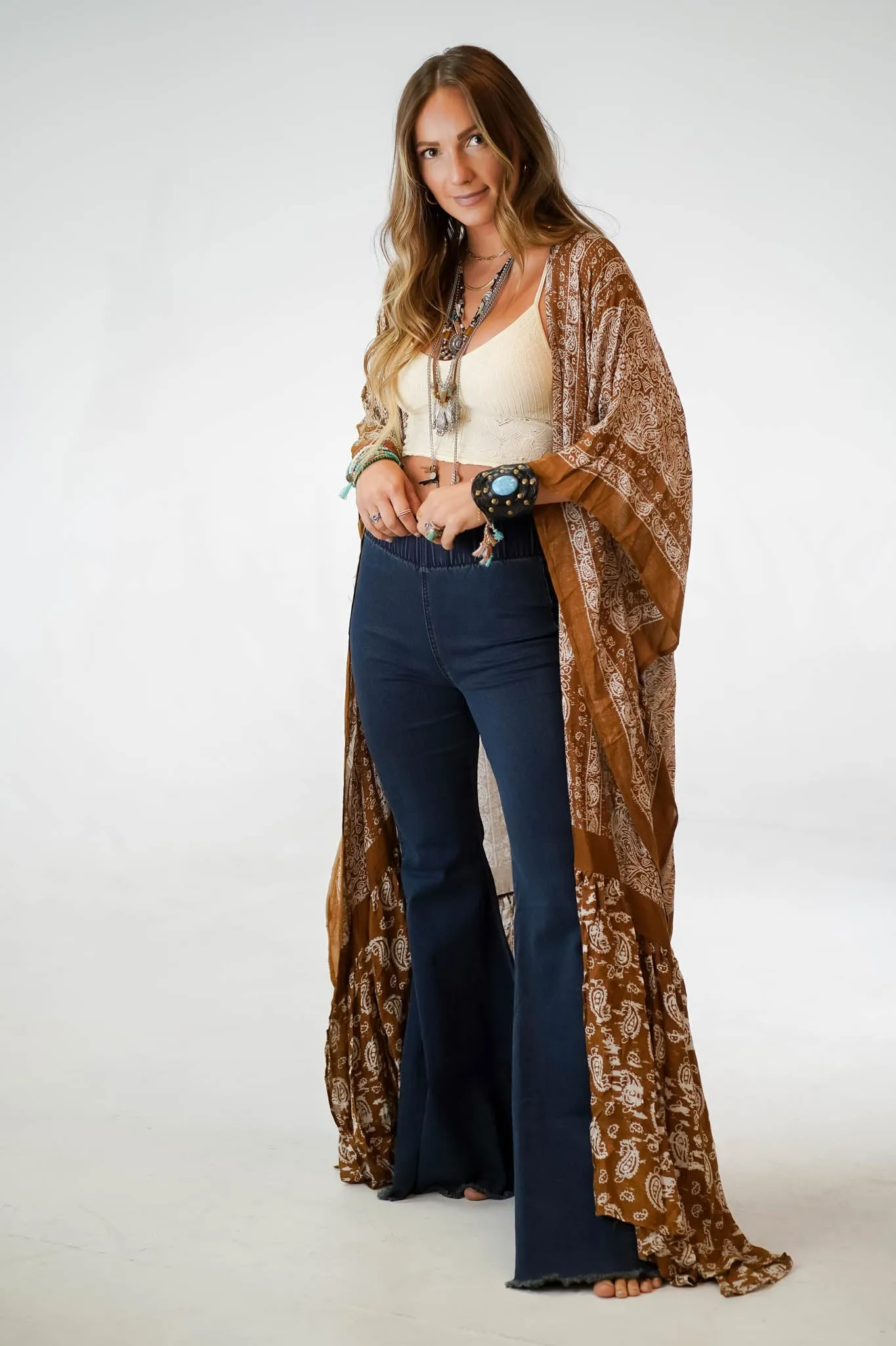 Paisley Tapestry Free Flow Duster Kimono - Brown