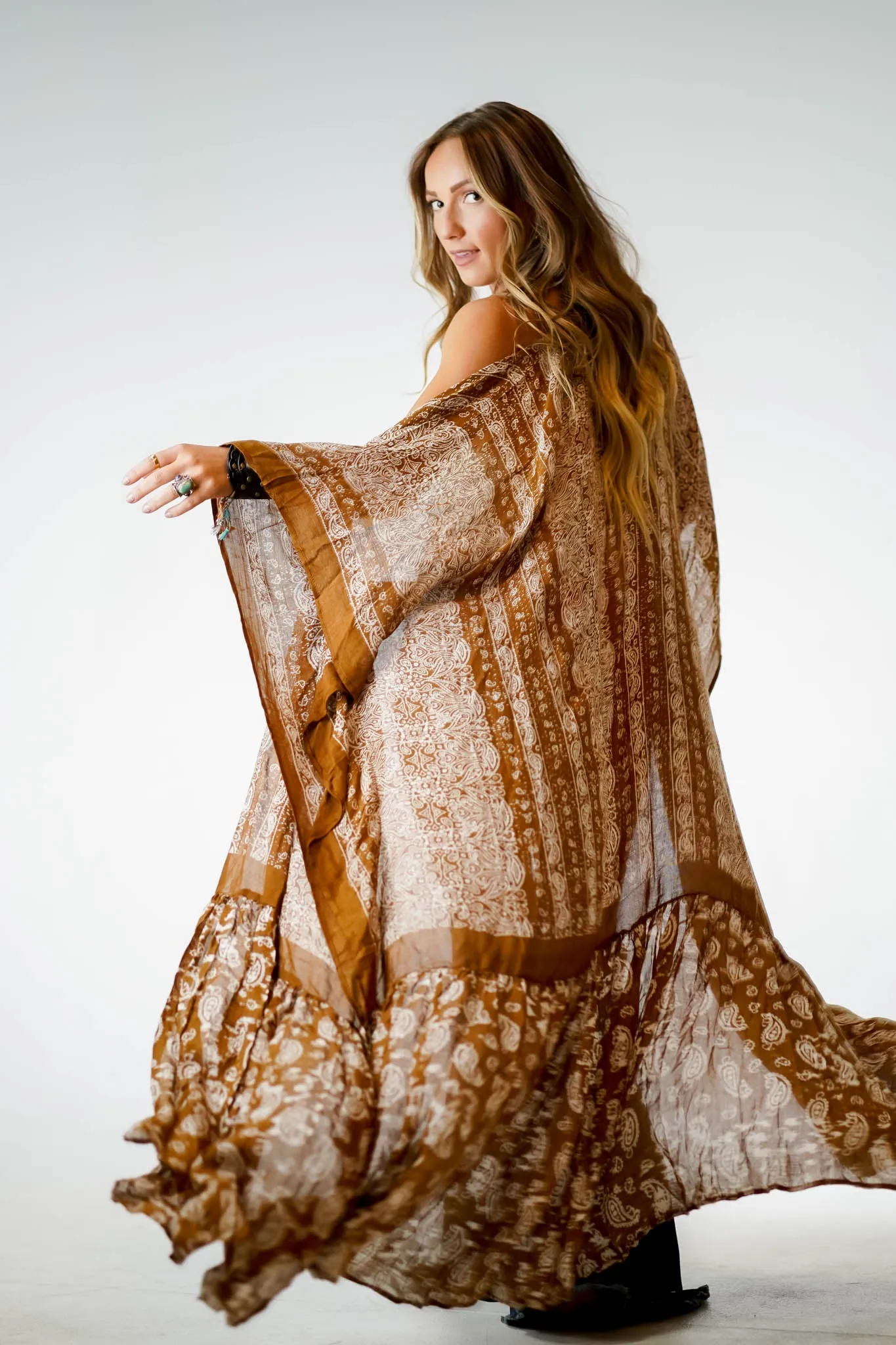 Paisley Tapestry Free Flow Duster Kimono - Brown