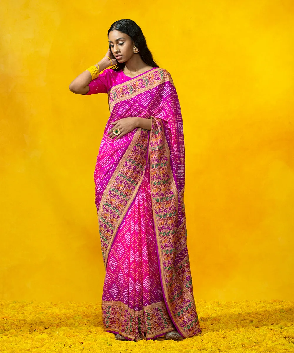 Pink Handloom Georgette Banarasi Bandhej Saree with Meenakari Border