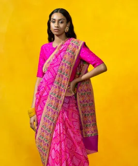 Pink Handloom Georgette Banarasi Bandhej Saree with Meenakari Border