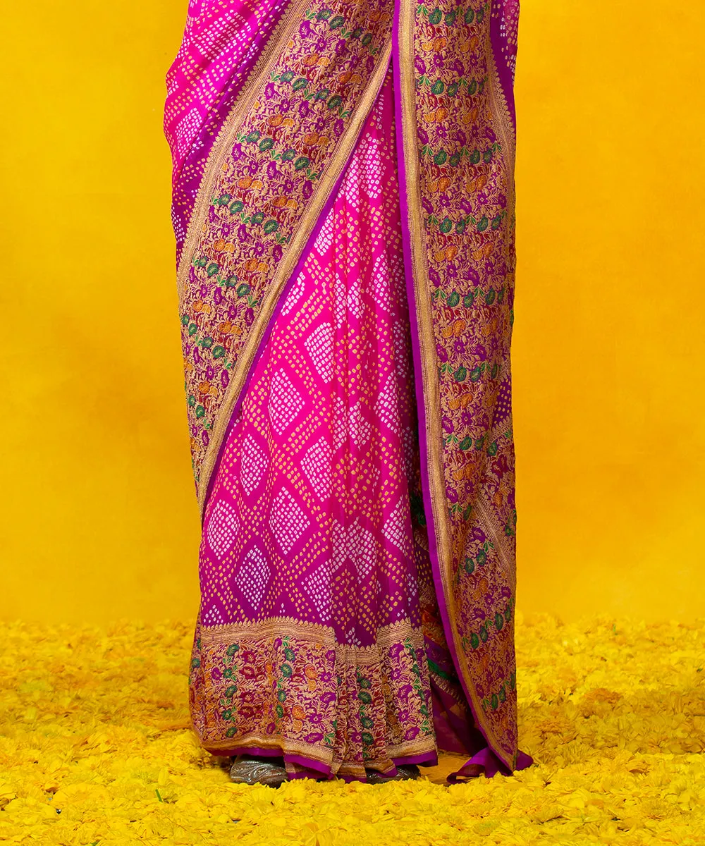 Pink Handloom Georgette Banarasi Bandhej Saree with Meenakari Border