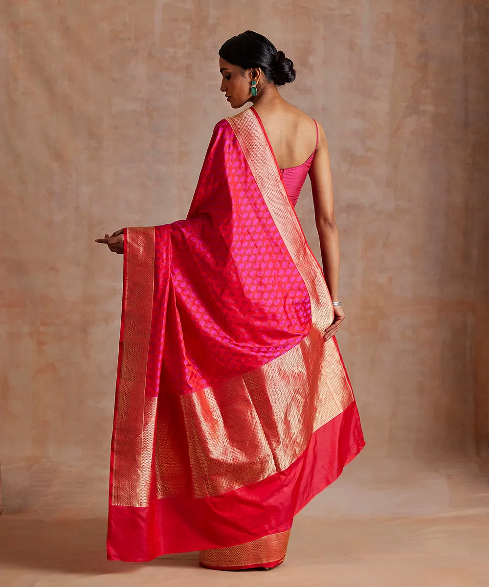 Pink Handloom Pure Satin Silk Tanchoi Banarasi Saree With Gold Zari Border