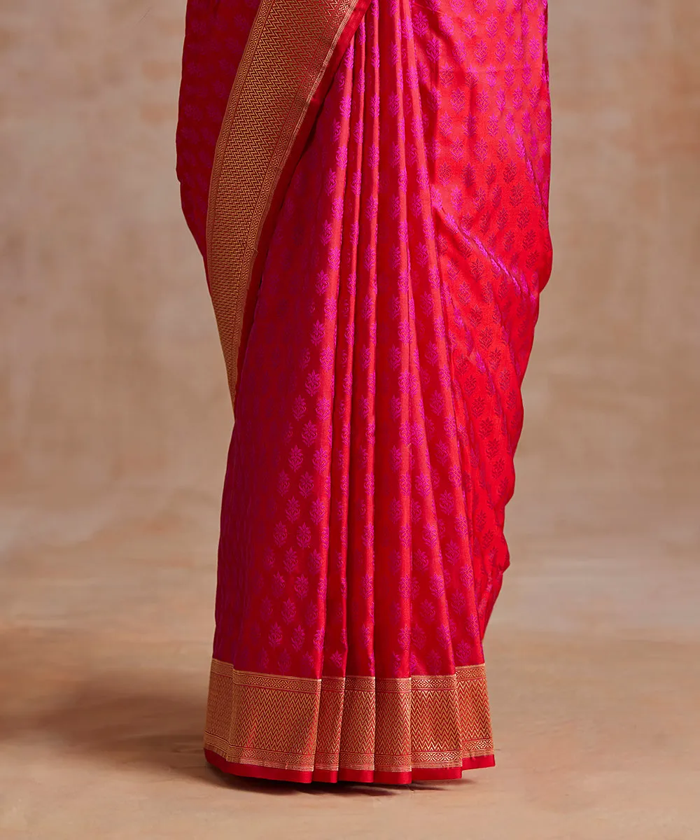 Pink Handloom Pure Satin Silk Tanchoi Banarasi Saree With Gold Zari Border