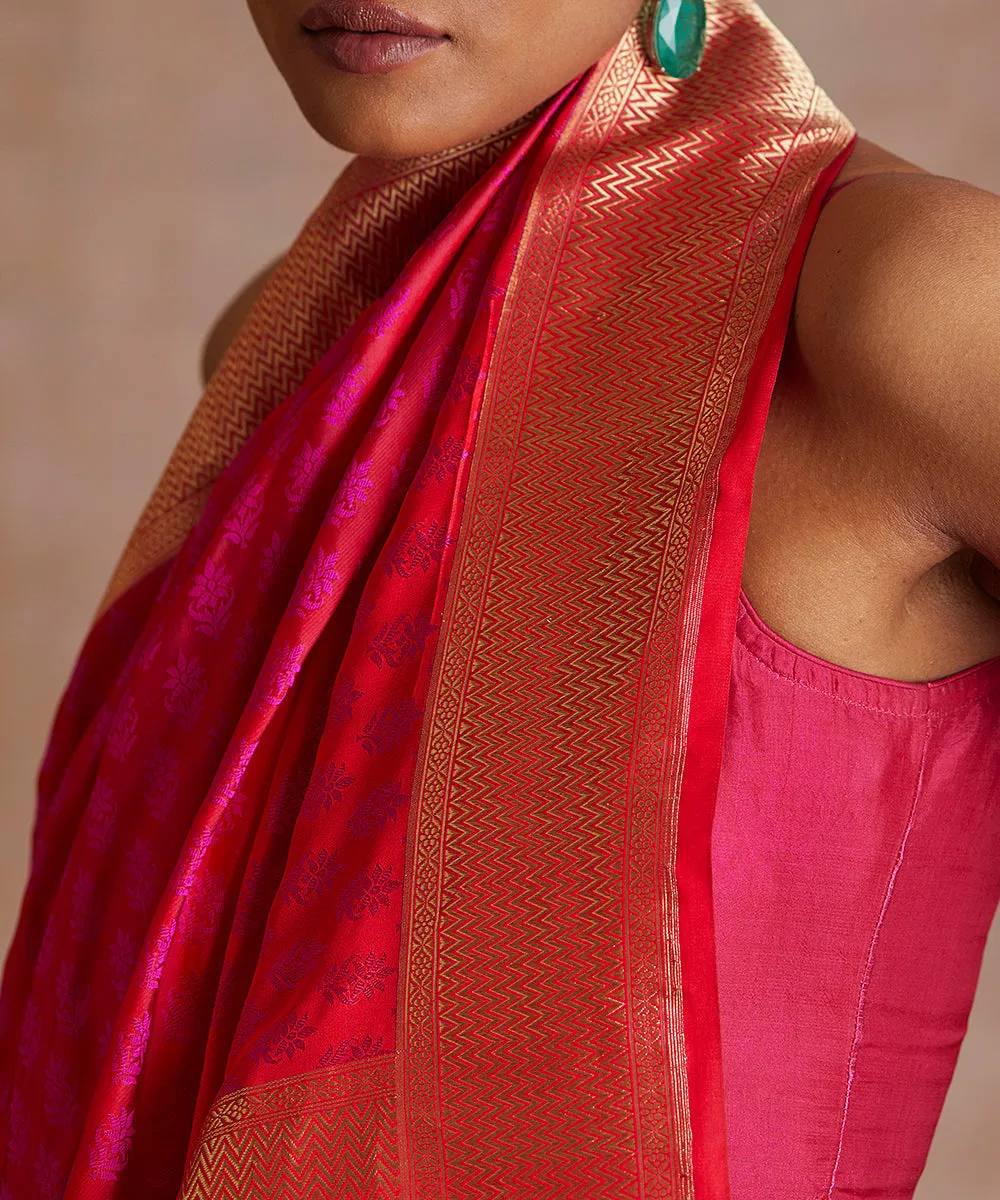 Pink Handloom Pure Satin Silk Tanchoi Banarasi Saree With Gold Zari Border