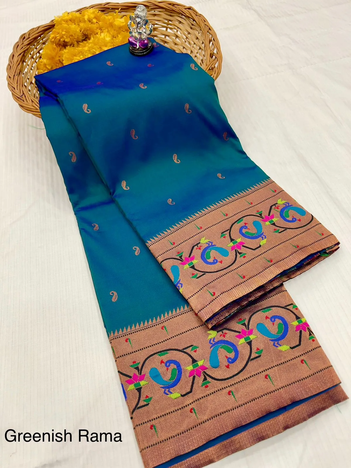 Premium banarsi katan silk paithani saree -color greenish rama with golden peacock bor