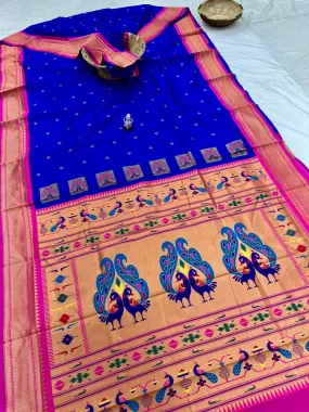 Premium Peacock pallu paithani saree -blue with pink border