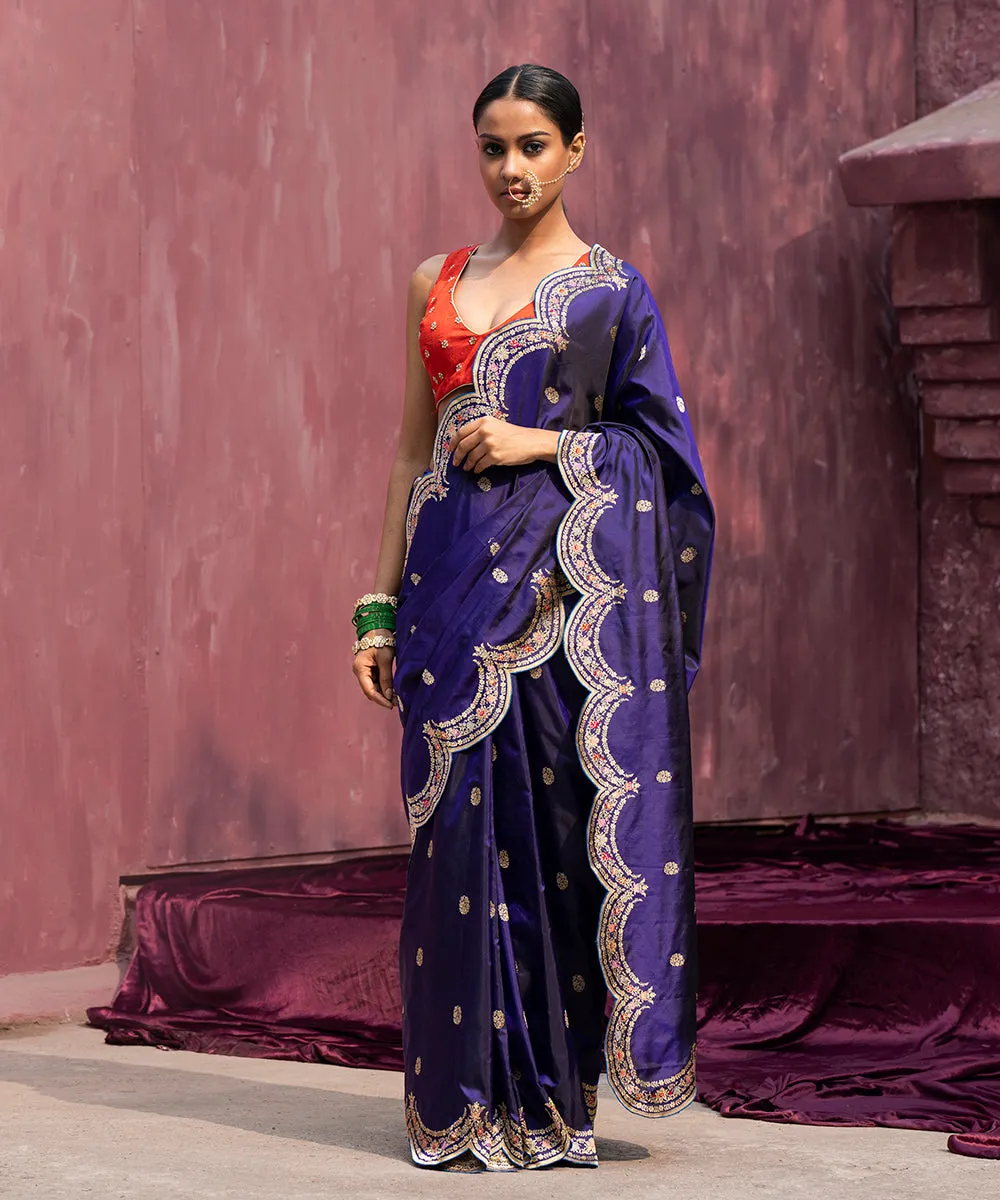 Purple Handloom Pure Katan Silk Banarasi Saree With Meenakari And Scalloped Border